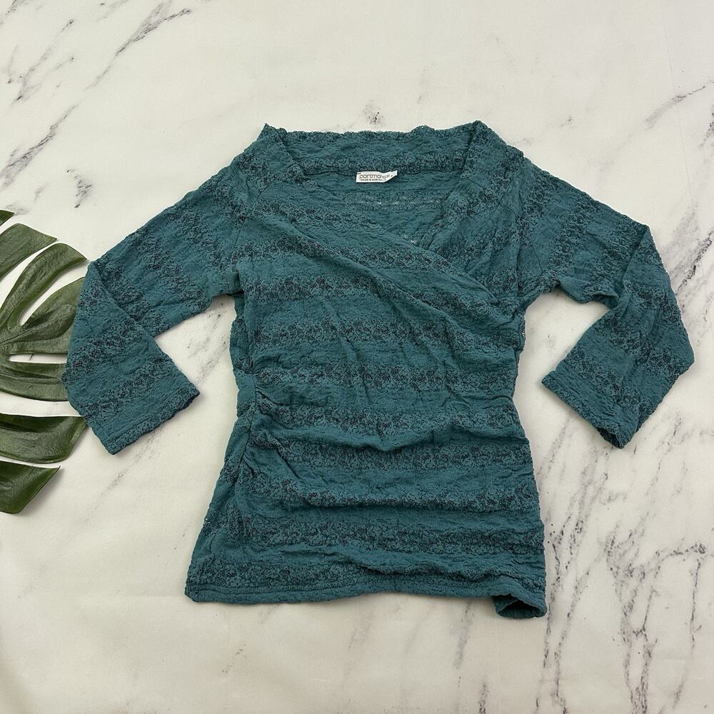 Portmans Womens Vintage Y2k Lace Top Size S Blue Sheer Stripe Wrap Ruched